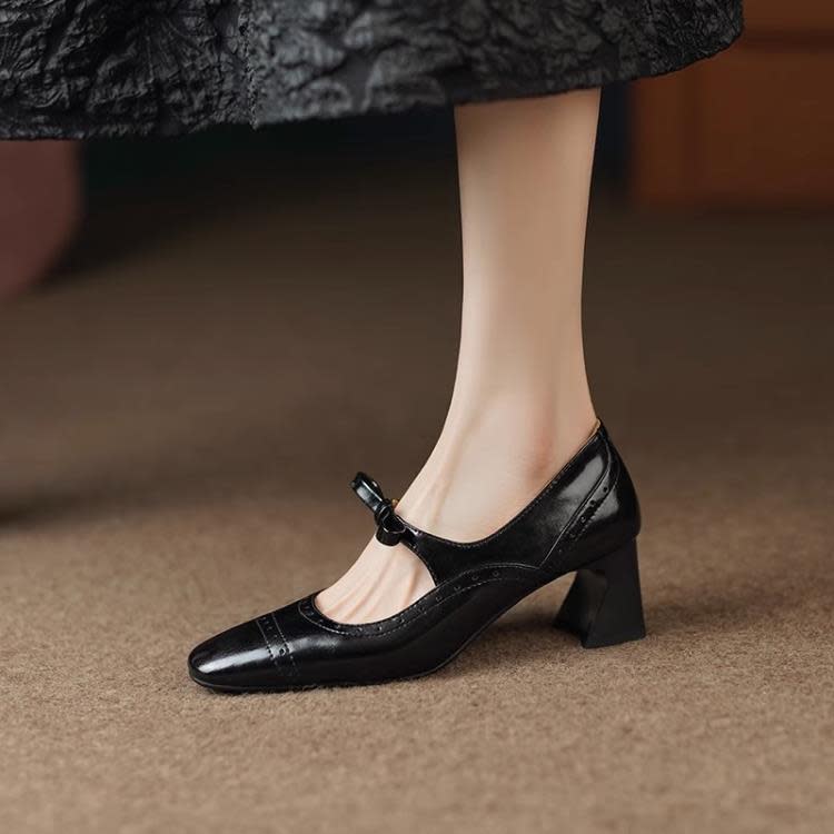 高跟鞋 法式復古瑪麗珍鞋女2023夏新款時尚正韓方頭淺口粗跟蝴蝶結鞋-細節圖6