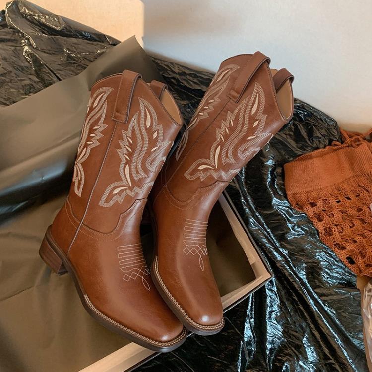 中跟鞋 何穗同款方頭2023秋冬季真皮西部靴V口刺繡牛仔靴中筒靴馬靴-細節圖2
