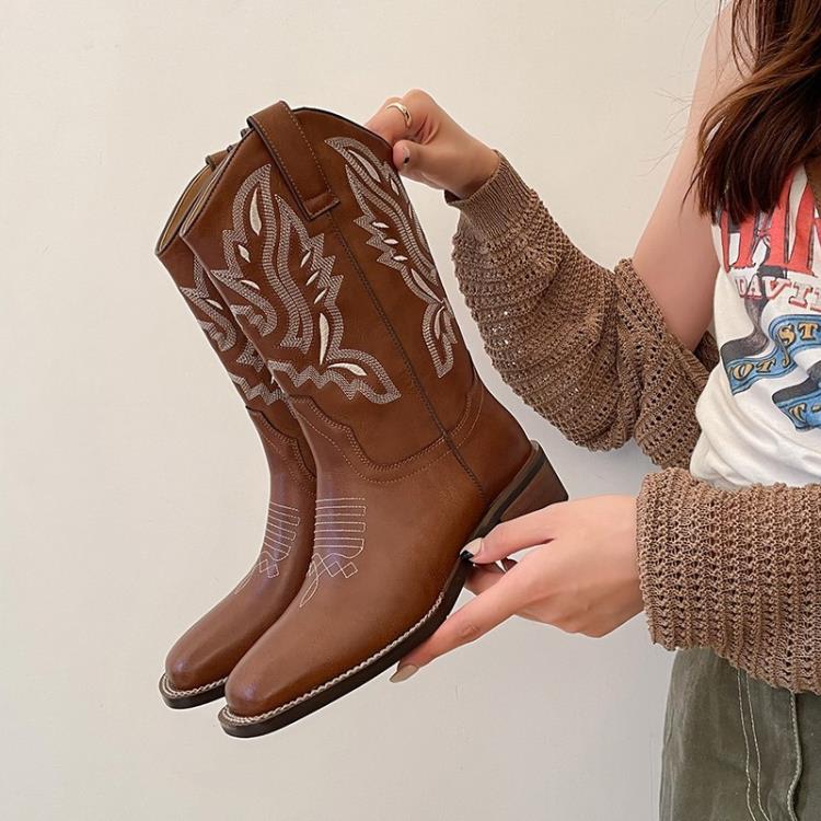 中跟鞋 何穗同款方頭2023秋冬季真皮西部靴V口刺繡牛仔靴中筒靴馬靴-細節圖3