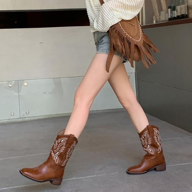 中跟鞋 何穗同款方頭2023秋冬季真皮西部靴V口刺繡牛仔靴中筒靴馬靴-細節圖4