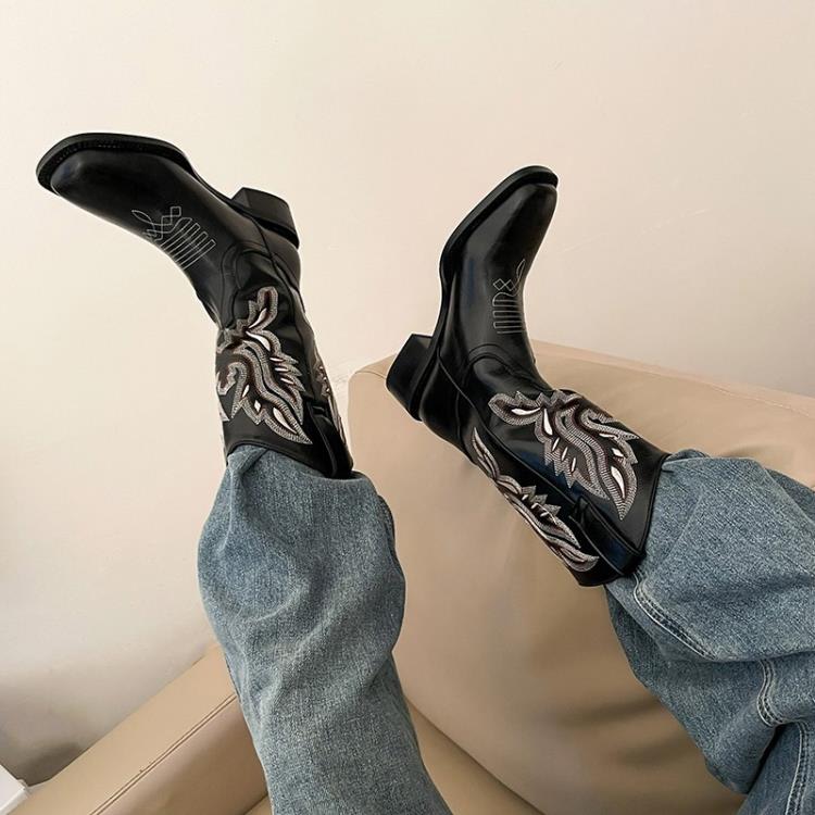 中跟鞋 何穗同款方頭2023秋冬季真皮西部靴V口刺繡牛仔靴中筒靴馬靴-細節圖5
