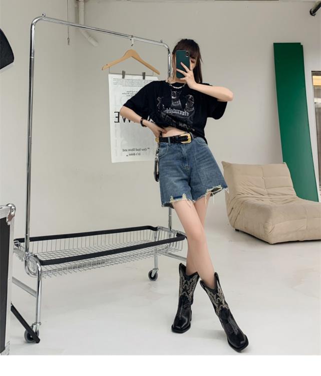 中跟鞋 何穗同款方頭2023秋冬季真皮西部靴V口刺繡牛仔靴中筒靴馬靴-細節圖7