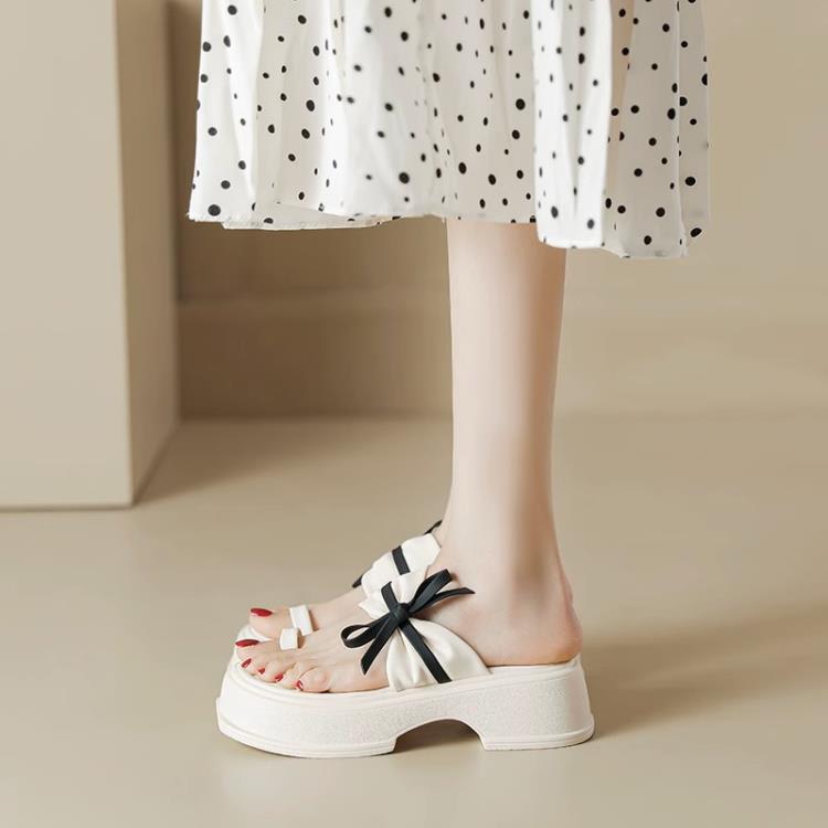 厚底鞋 涼拖女2023夏季新款蝴蝶結套趾沙灘拖鞋時尚松糕軟底羅馬拖鞋-細節圖2