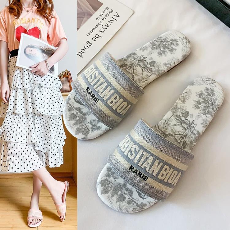 大碼涼拖女外穿2023夏季新款刺繡字母拖鞋渡假沙灘一字拖鞋女-細節圖2