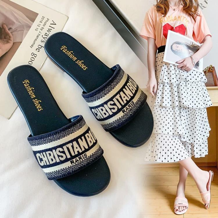 大碼涼拖女外穿2023夏季新款刺繡字母拖鞋渡假沙灘一字拖鞋女-細節圖4