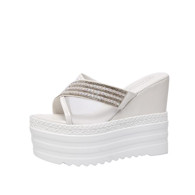 厚底鞋 2023拖鞋女夏松糕涼拖沙灘鞋休閒平底涼鞋外穿時尚水鉆一字拖-細節圖5