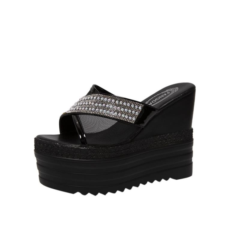 厚底鞋 2023拖鞋女夏松糕涼拖沙灘鞋休閒平底涼鞋外穿時尚水鉆一字拖-細節圖6