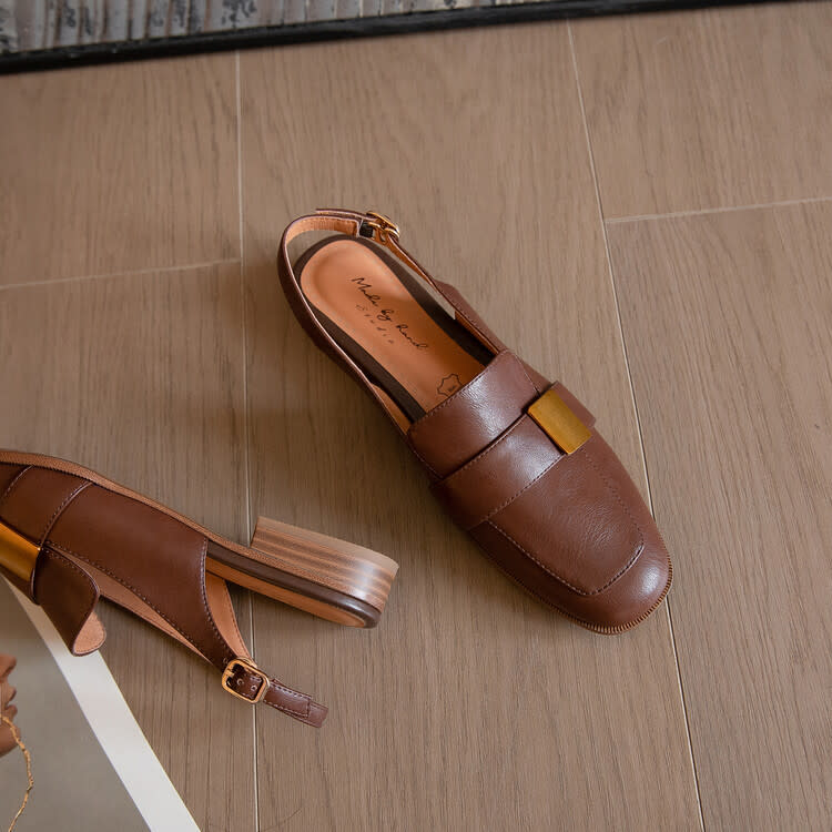 樂福鞋 頭層牛皮網紅穆勒鞋淺口粗中跟單鞋包頭后空涼鞋女鞋-細節圖3