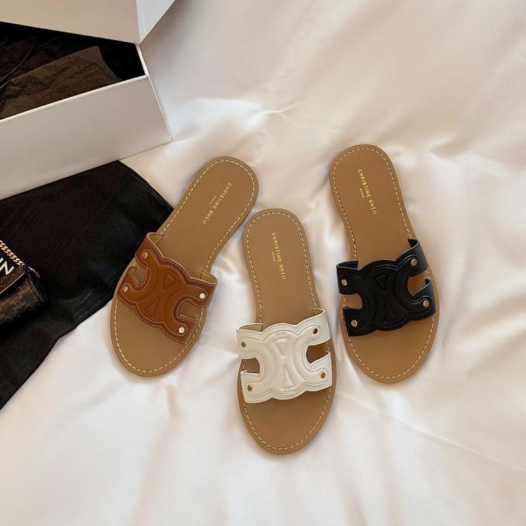 涼鞋 牛皮版~凱旋門平底拖鞋女外穿夏季2023年新款沙灘度假一字涼拖鞋-細節圖2