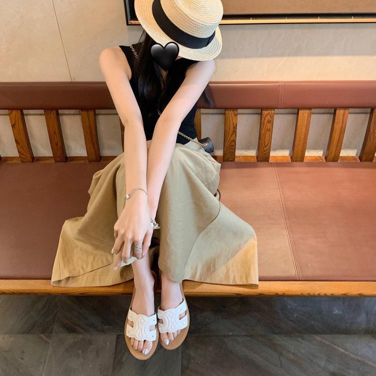 涼鞋 牛皮版~凱旋門平底拖鞋女外穿夏季2023年新款沙灘度假一字涼拖鞋-細節圖4