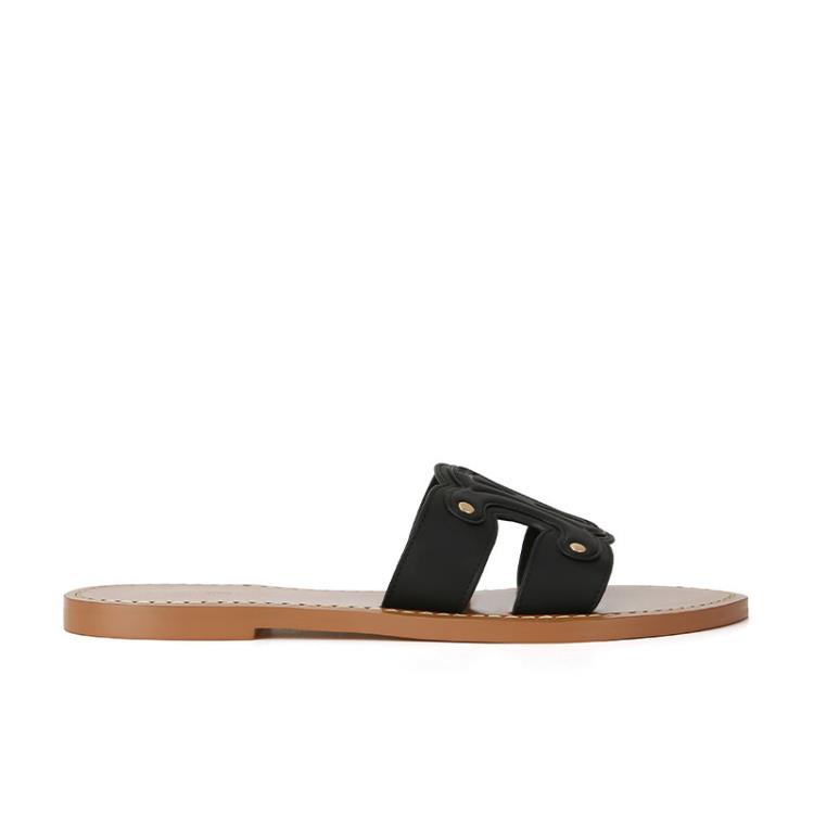 涼鞋 牛皮版~凱旋門平底拖鞋女外穿夏季2023年新款沙灘度假一字涼拖鞋-細節圖8