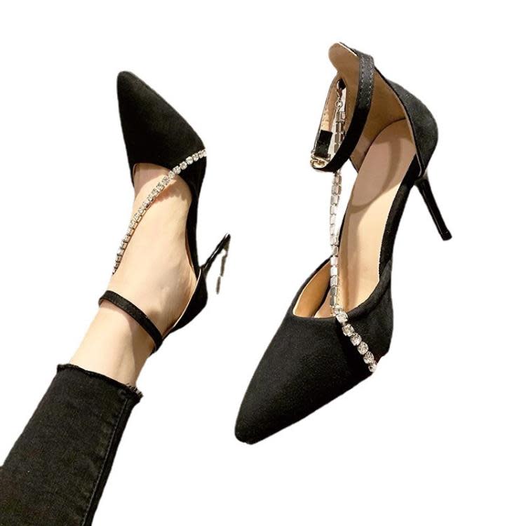 平底鞋 2023新款歐美黑色淺口水鉆鍊條鞋側空性感透氣女式時裝女單鞋-細節圖5