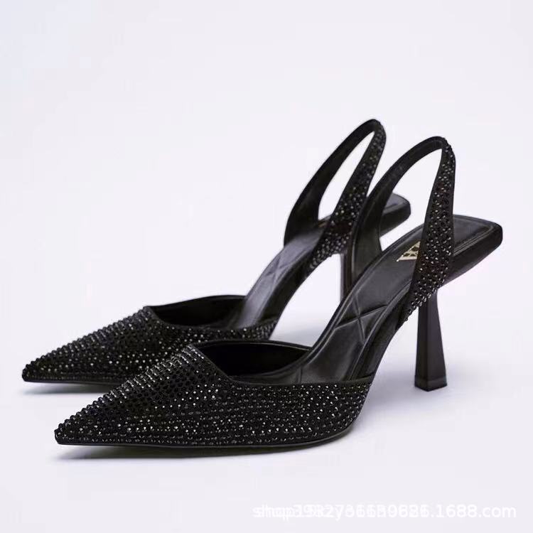 高跟鞋 ZA2023新款夏季后空水鉆尖頭穆勒鞋黑色燙鉆性感高細跟女涼鞋-細節圖3