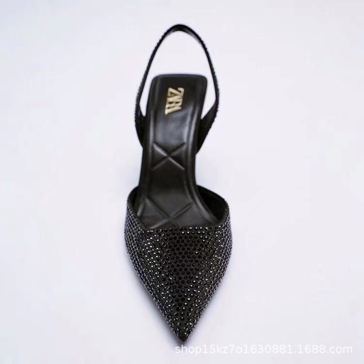 高跟鞋 ZA2023新款夏季后空水鉆尖頭穆勒鞋黑色燙鉆性感高細跟女涼鞋-細節圖5