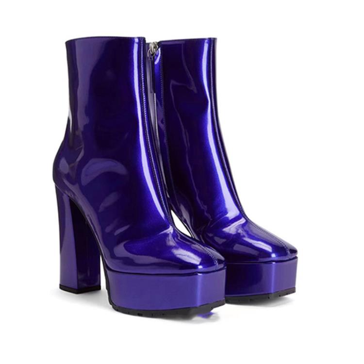 短靴 2023冬季新款方頭防水臺粗跟超高跟側開拉鍊漆皮大碼女靴-細節圖2