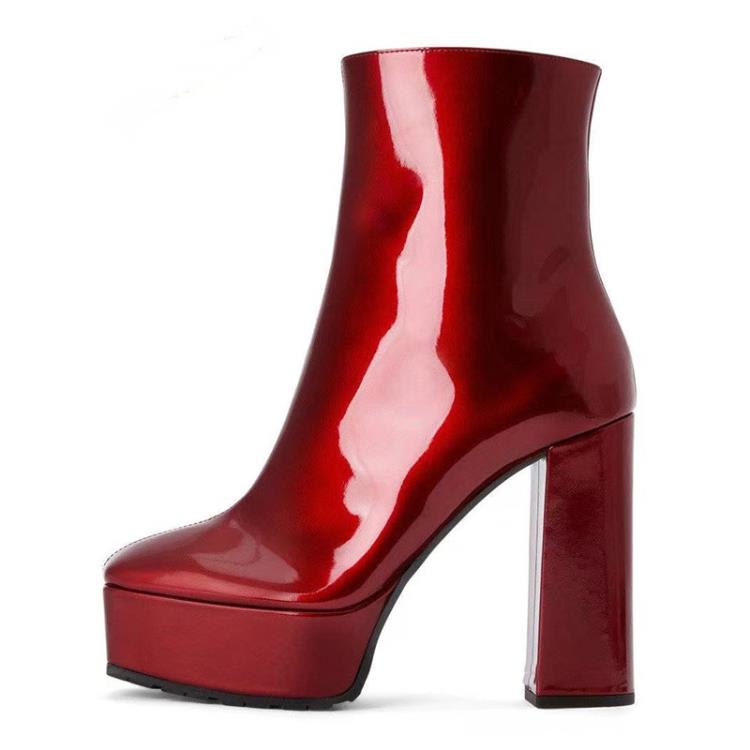 短靴 2023冬季新款方頭防水臺粗跟超高跟側開拉鍊漆皮大碼女靴-細節圖3