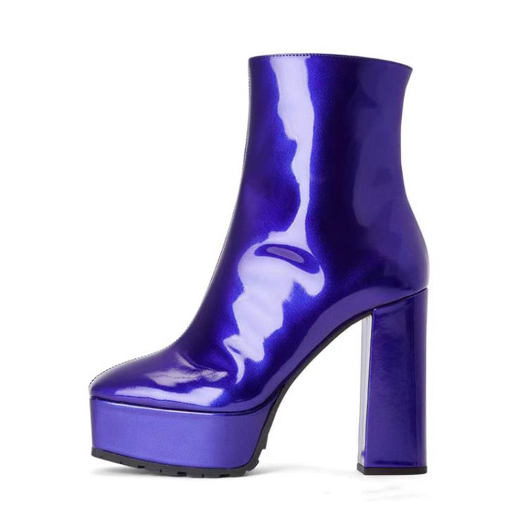 短靴 2023冬季新款方頭防水臺粗跟超高跟側開拉鍊漆皮大碼女靴-細節圖4