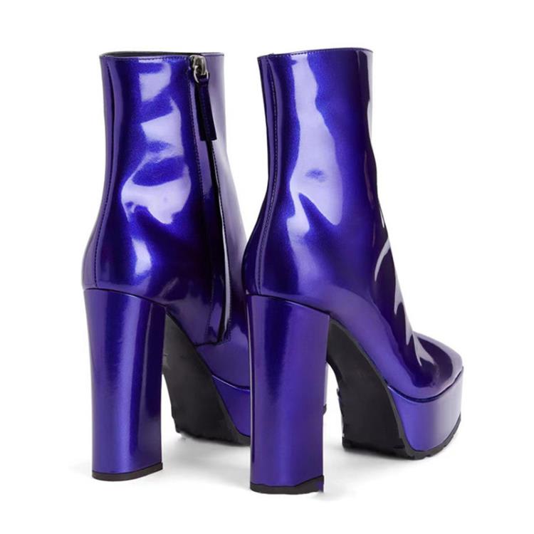 短靴 2023冬季新款方頭防水臺粗跟超高跟側開拉鍊漆皮大碼女靴-細節圖5