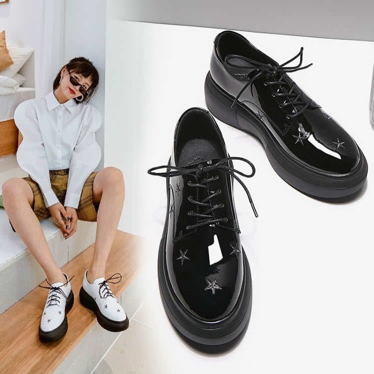 中跟鞋 2023年春秋季新款厚底松糕鞋低幫鞋防水臺英倫系帶女鞋刺繡-細節圖3