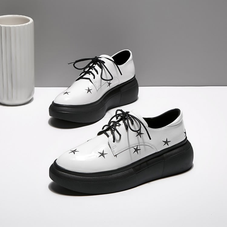 中跟鞋 2023年春秋季新款厚底松糕鞋低幫鞋防水臺英倫系帶女鞋刺繡-細節圖4