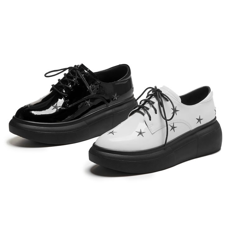 中跟鞋 2023年春秋季新款厚底松糕鞋低幫鞋防水臺英倫系帶女鞋刺繡-細節圖5