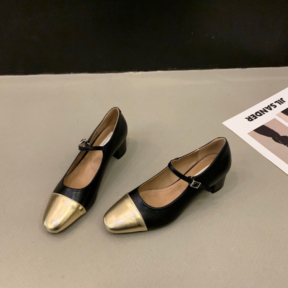 法式中跟金色方頭單鞋仙女鞋子2023年新款春季小香風銀色瑪麗珍鞋-細節圖8