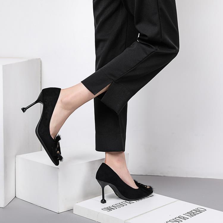 毛毛高跟鞋2023秋冬季新品正韓絨面百搭時尚尖頭毛毛單鞋加絨細跟-細節圖3