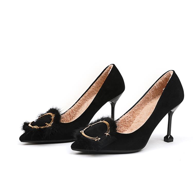 毛毛高跟鞋2023秋冬季新品正韓絨面百搭時尚尖頭毛毛單鞋加絨細跟-細節圖5