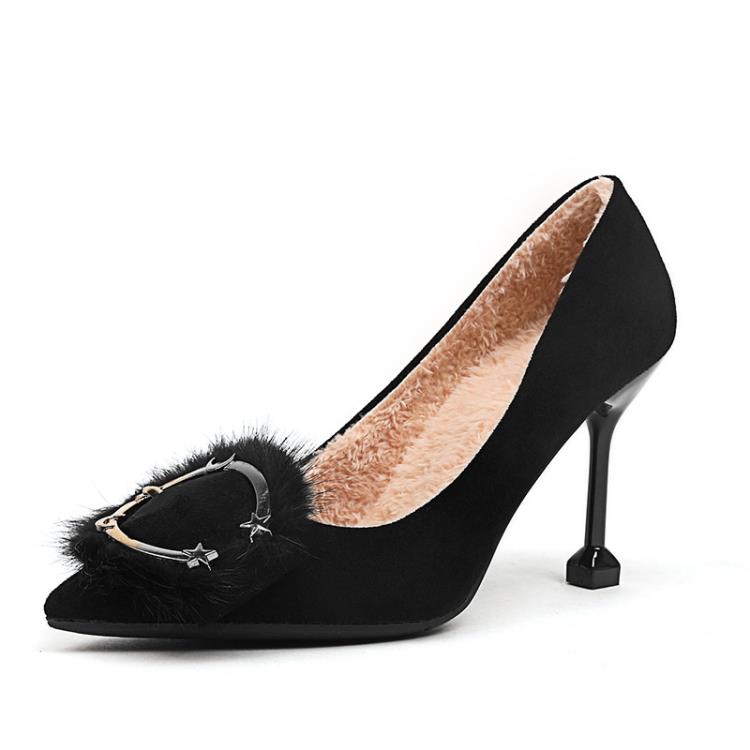 毛毛高跟鞋2023秋冬季新品正韓絨面百搭時尚尖頭毛毛單鞋加絨細跟-細節圖6