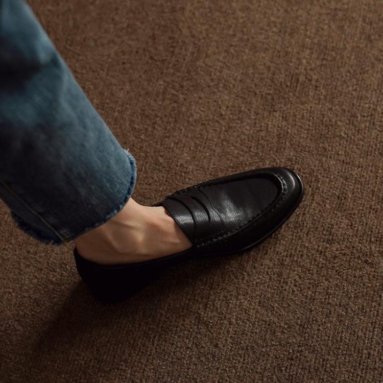 樂福鞋 頭層牛皮2023年春圓頭低跟真皮單鞋女復古風平跟黑色小皮鞋-細節圖2