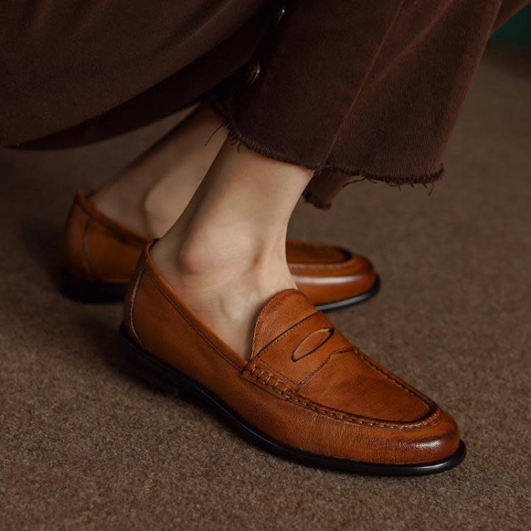 樂福鞋 頭層牛皮2023年春圓頭低跟真皮單鞋女復古風平跟黑色小皮鞋-細節圖3