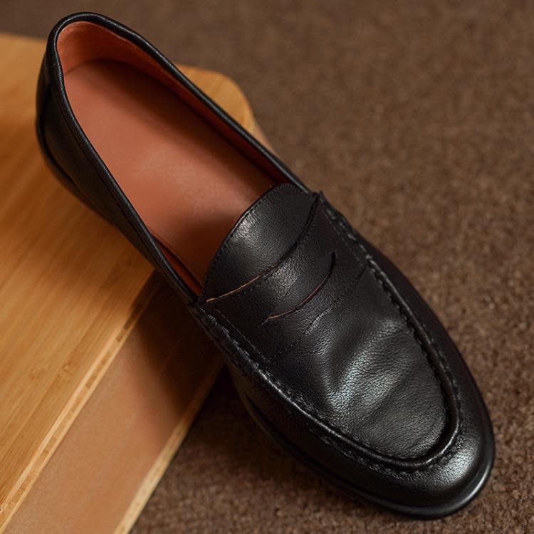 樂福鞋 頭層牛皮2023年春圓頭低跟真皮單鞋女復古風平跟黑色小皮鞋-細節圖4