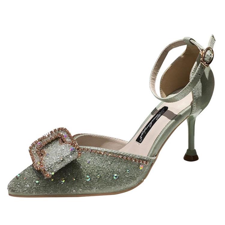 正韓蝴蝶結高跟鞋細跟高跟淺口尖頭鏤空一字帶閃亮水鉆女婚涼鞋-細節圖7