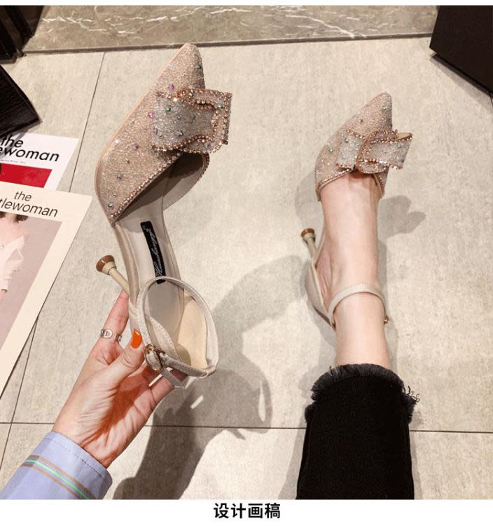 正韓蝴蝶結高跟鞋細跟高跟淺口尖頭鏤空一字帶閃亮水鉆女婚涼鞋-細節圖8