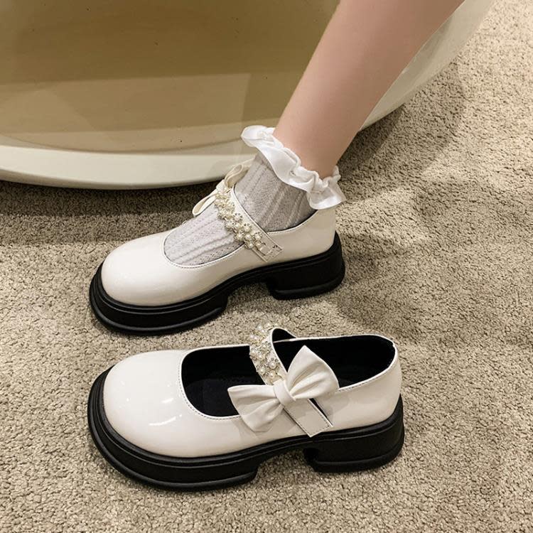 2023秋季新款瑪麗珍日系女鞋串珠蝴蝶結魔術貼厚底單鞋女休閒鞋女-細節圖3