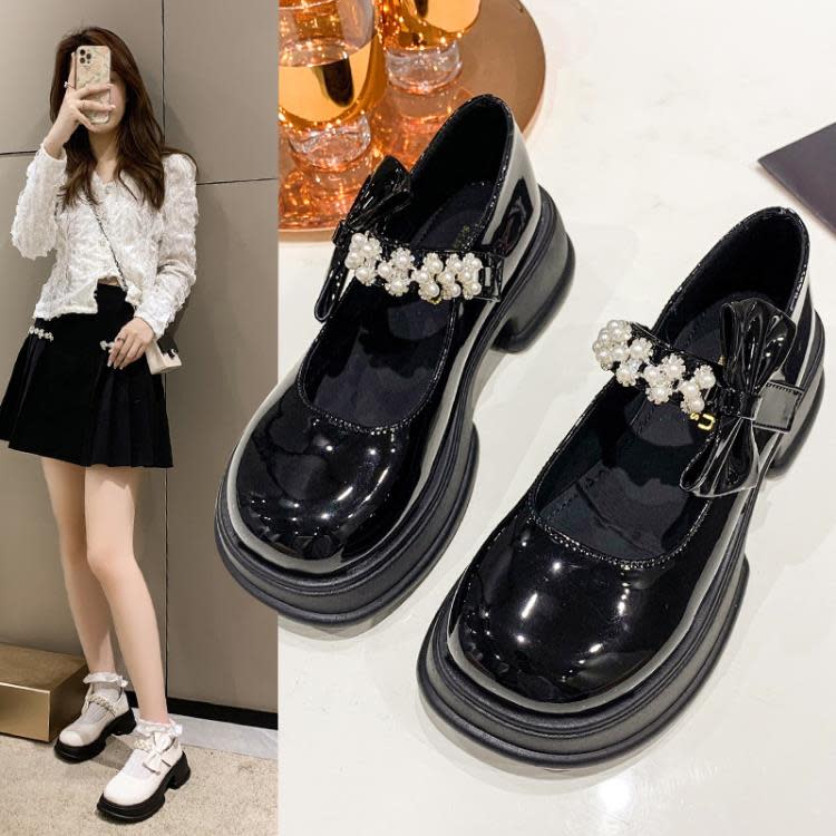 2023秋季新款瑪麗珍日系女鞋串珠蝴蝶結魔術貼厚底單鞋女休閒鞋女-細節圖4