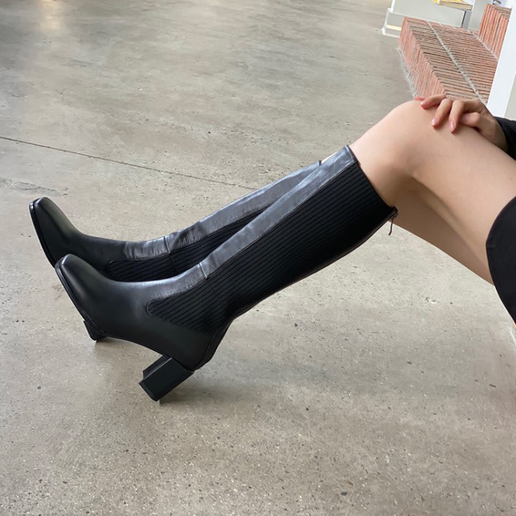 長靴 2023新款女針織高筒靴彈力靴正韓高跟女鞋牛皮不過膝-細節圖2