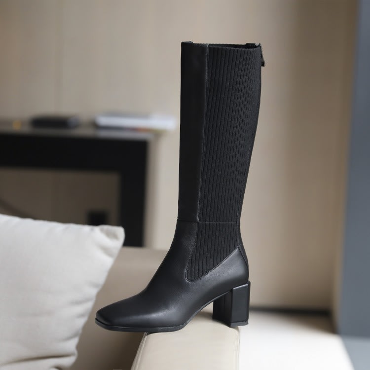 長靴 2023新款女針織高筒靴彈力靴正韓高跟女鞋牛皮不過膝-細節圖5