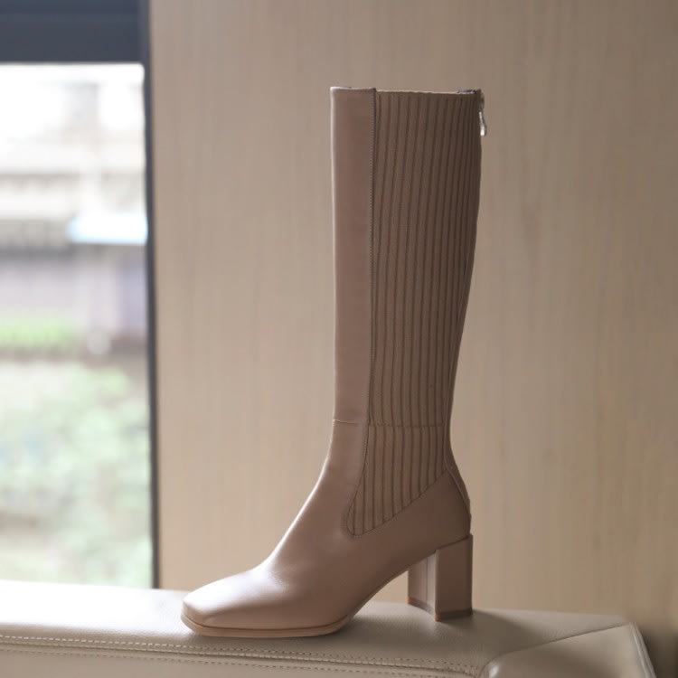 長靴 2023新款女針織高筒靴彈力靴正韓高跟女鞋牛皮不過膝-細節圖8