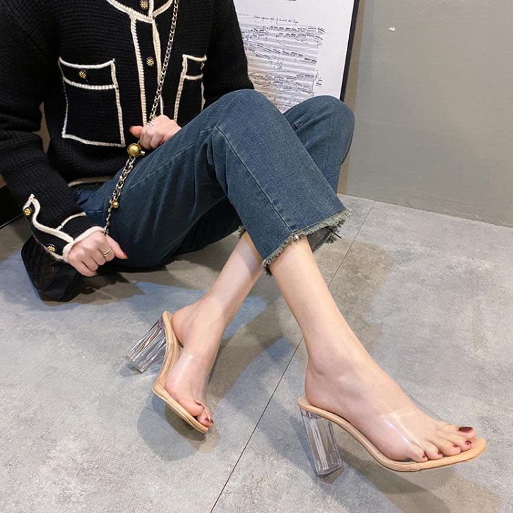 中跟鞋 透明高跟鞋2023年新款粗跟涼鞋女仙女風水晶跟外穿涼拖鞋批髮-細節圖3