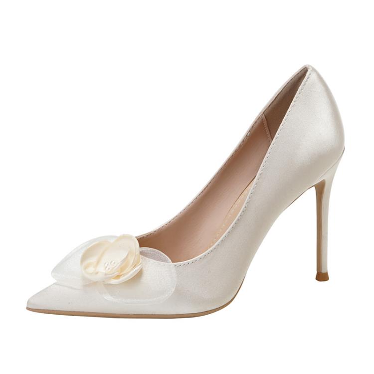 高跟鞋 2023新款法式綢緞花朵鞋尖頭細跟簡約白色秀禾新娘婚鞋伴娘鞋-細節圖5