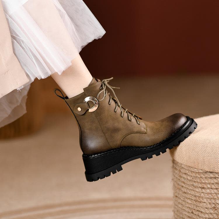 短靴 2023新款秋冬女靴歐美騎士靴牛皮絨里水臺中跟馬丁靴休閒坡跟-細節圖2