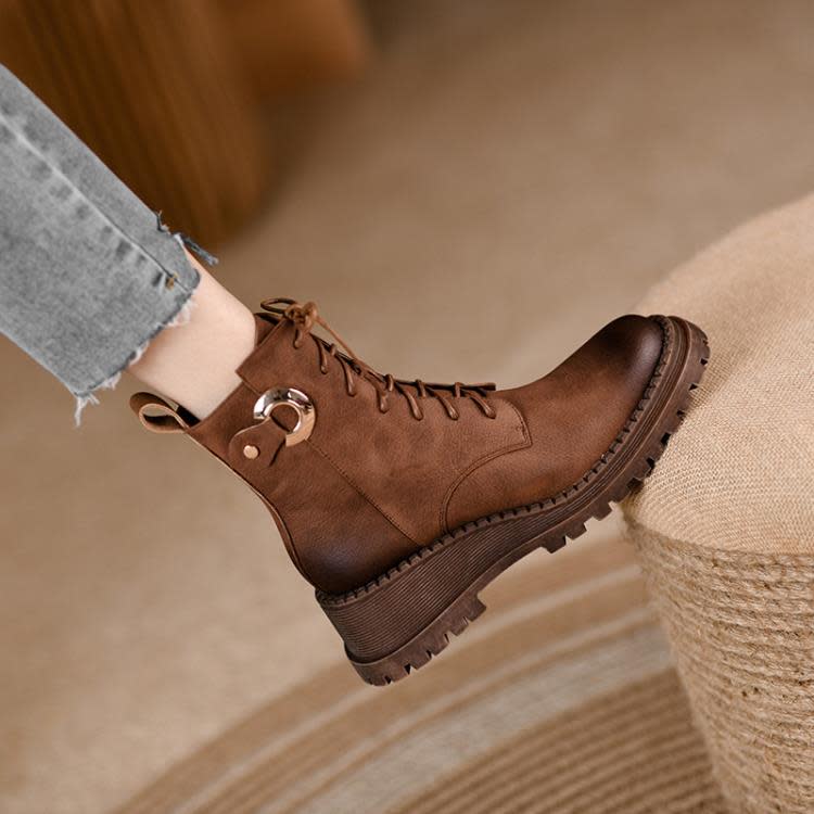 短靴 2023新款秋冬女靴歐美騎士靴牛皮絨里水臺中跟馬丁靴休閒坡跟-細節圖3