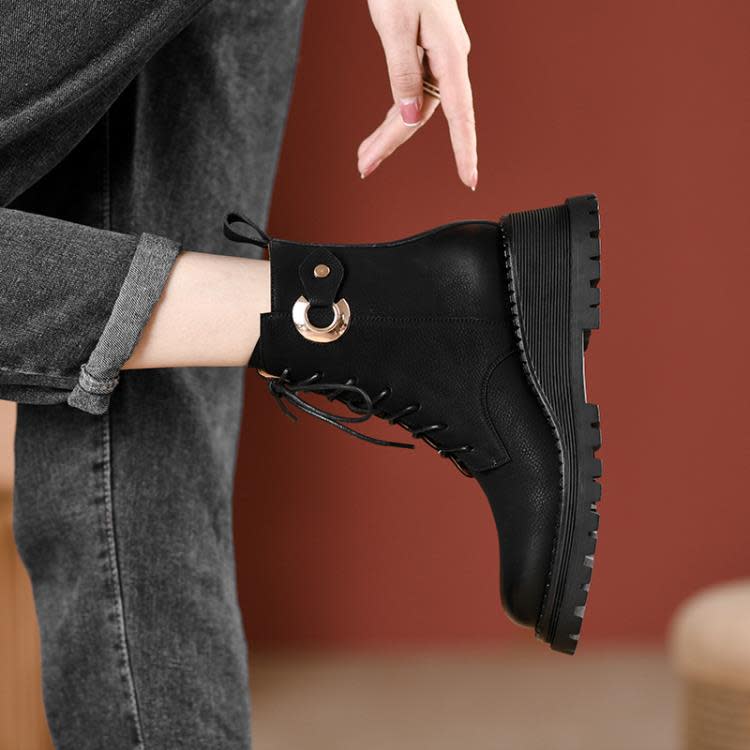 短靴 2023新款秋冬女靴歐美騎士靴牛皮絨里水臺中跟馬丁靴休閒坡跟-細節圖5