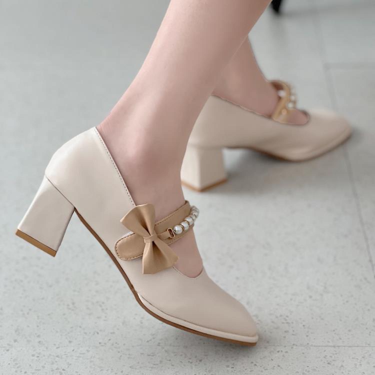 高跟鞋 瑪麗珍女鞋2023春季新款珍珠法式方頭蝴蝶結單鞋仙女風單鞋女-細節圖2