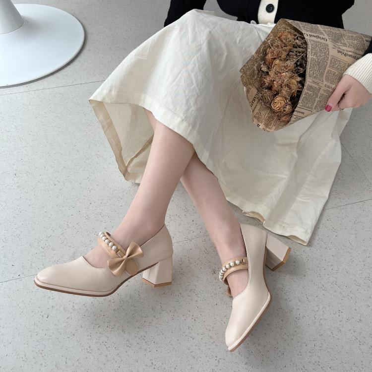 高跟鞋 瑪麗珍女鞋2023春季新款珍珠法式方頭蝴蝶結單鞋仙女風單鞋女-細節圖3