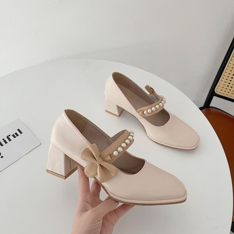 高跟鞋 瑪麗珍女鞋2023春季新款珍珠法式方頭蝴蝶結單鞋仙女風單鞋女-細節圖4