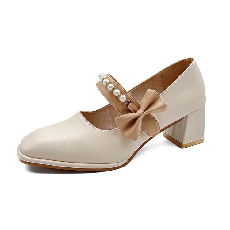 高跟鞋 瑪麗珍女鞋2023春季新款珍珠法式方頭蝴蝶結單鞋仙女風單鞋女-細節圖6