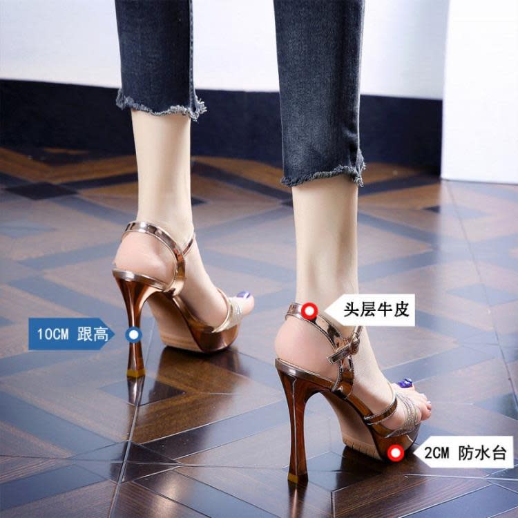 高跟鞋 性感防水臺超涼鞋女2023夏季新款露趾水鉆一字扣細跟透明女鞋-細節圖3