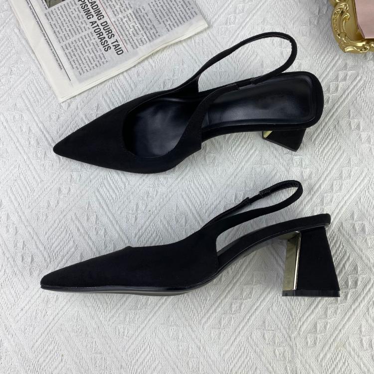 高跟鞋 ZA2023年夏季新品女鞋黑色露跟粗跟復古香港氣質穆勒鞋尖頭鞋-細節圖2